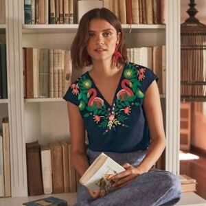 Boden Marcia navy blue jersey top with flamingo embroidery